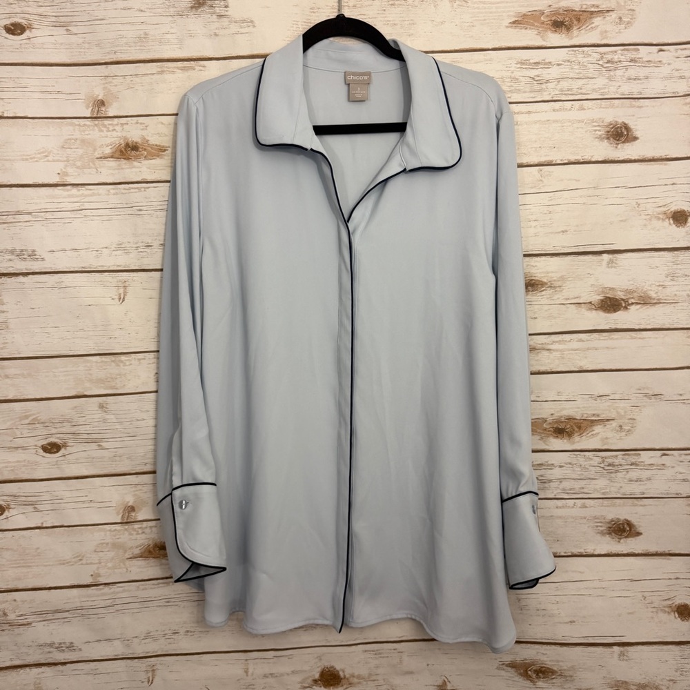 Chicos Blue Piped Trim Collared Blouse 3